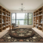 Vintage Floral Medallion Black Beige Round Rug