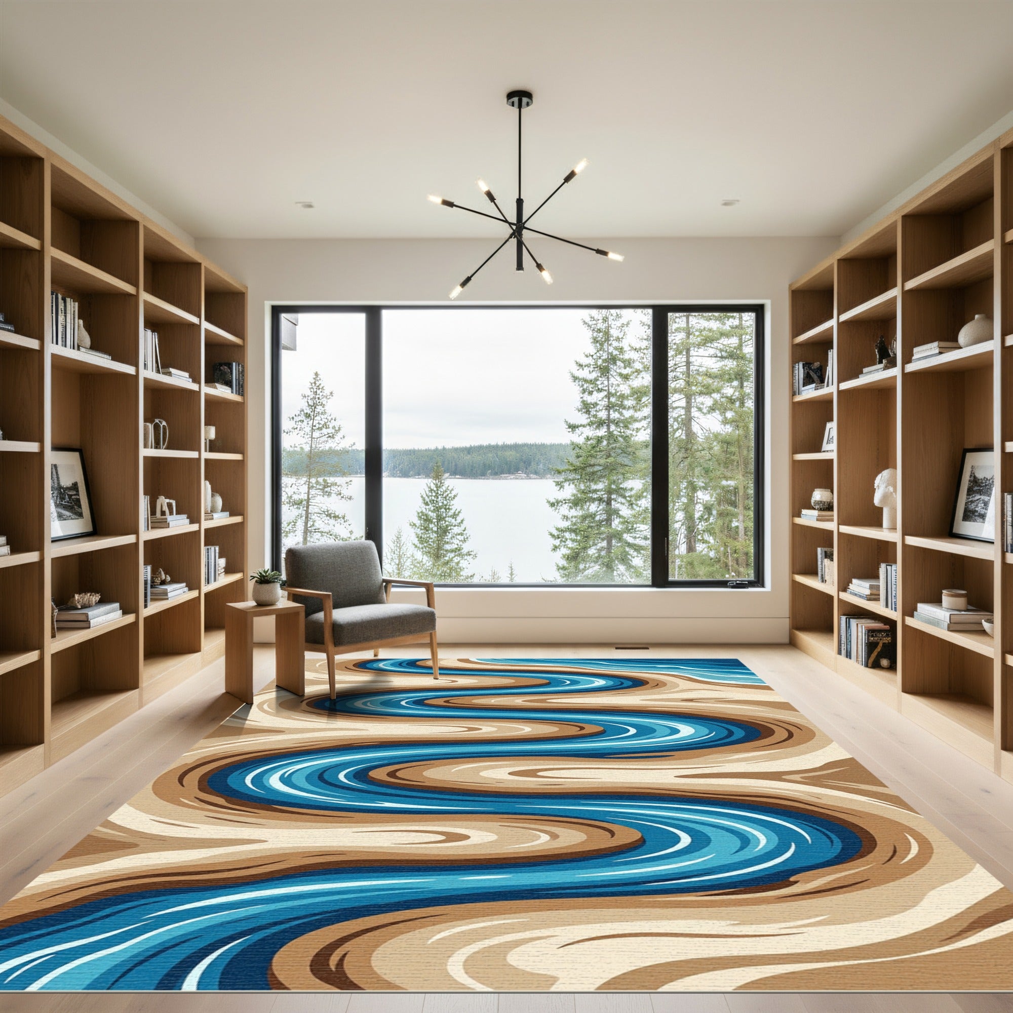 Abstract Winding Blue River Landscape Rug