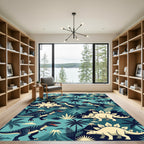 Prehistoric Teal Dinosaur Jungle Landscape Rug