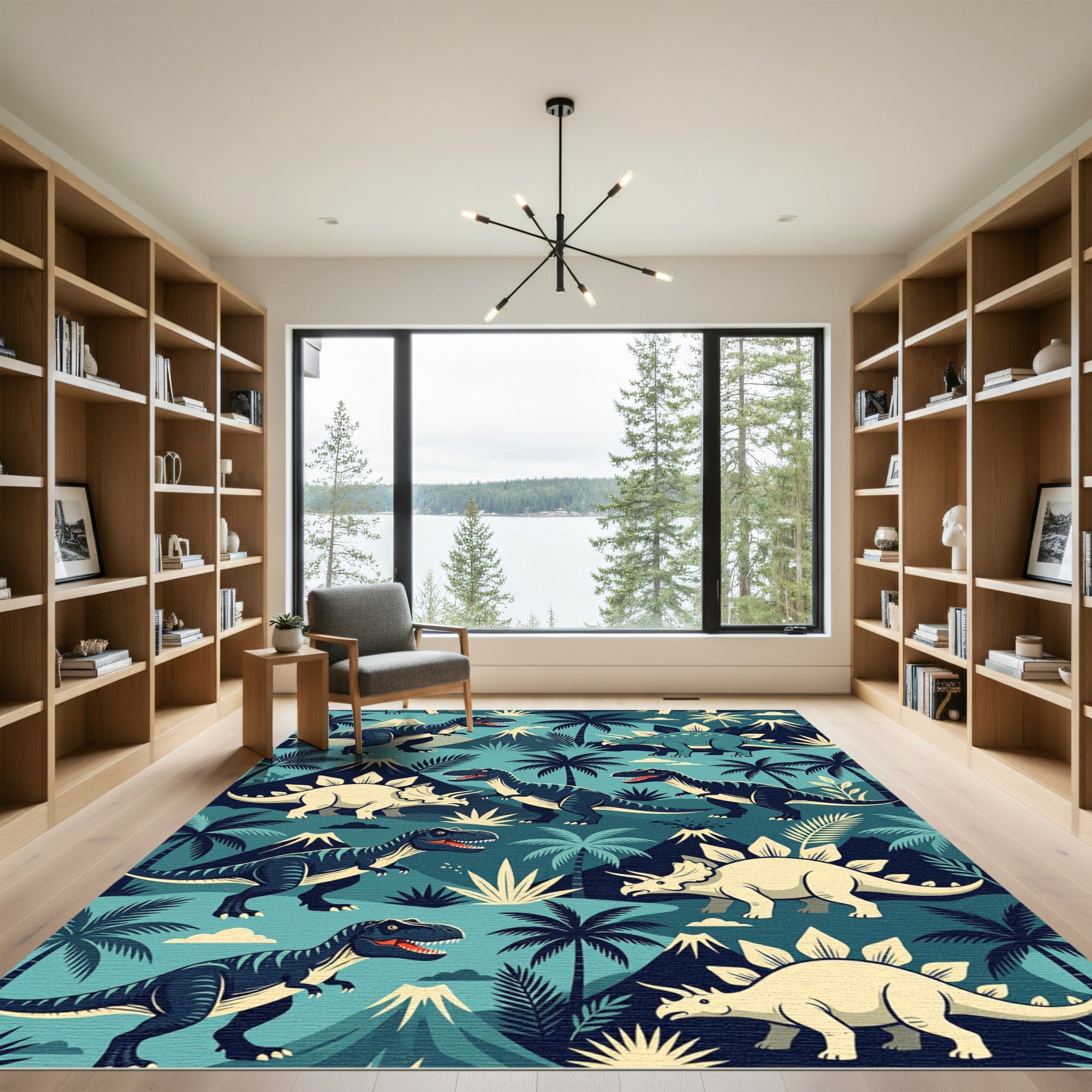 Prehistoric Teal Dinosaur Jungle Landscape Rug