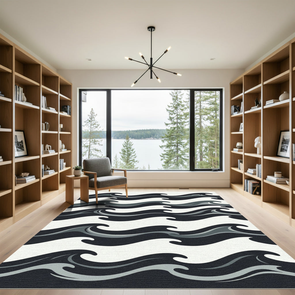 Bold Gray Abstract Wave Formation Rug