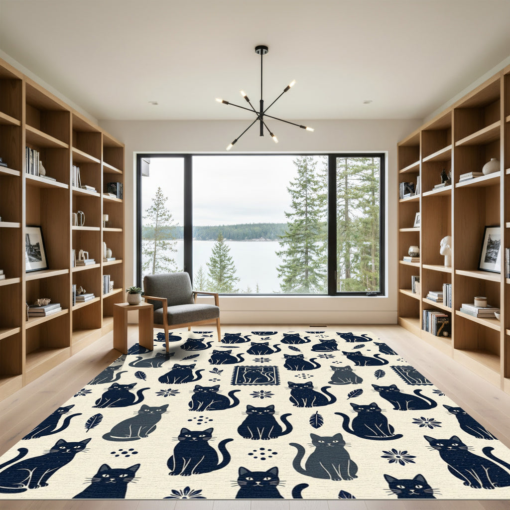 Whimsical Navy Cat Botanical Illustrations Rug