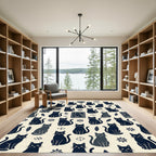 Whimsical Navy Cat Botanical Illustrations Rug