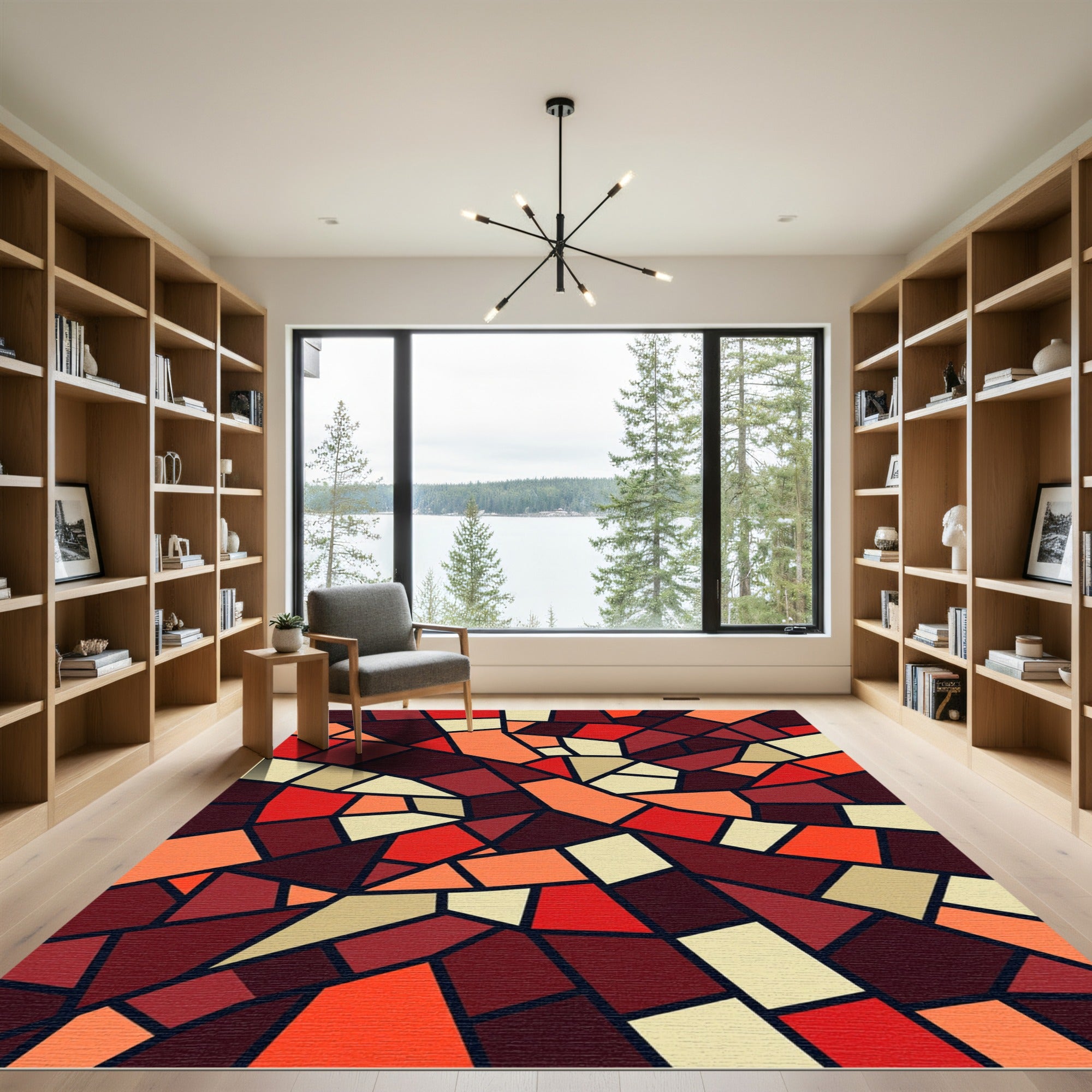Crimson Orange Irregular Geometric Mosaic Rug