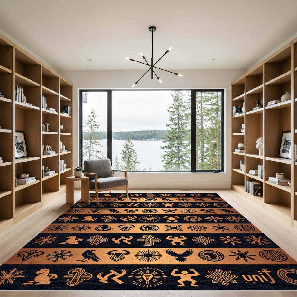 Ancient Metallic Sun Symbol Grid Rug