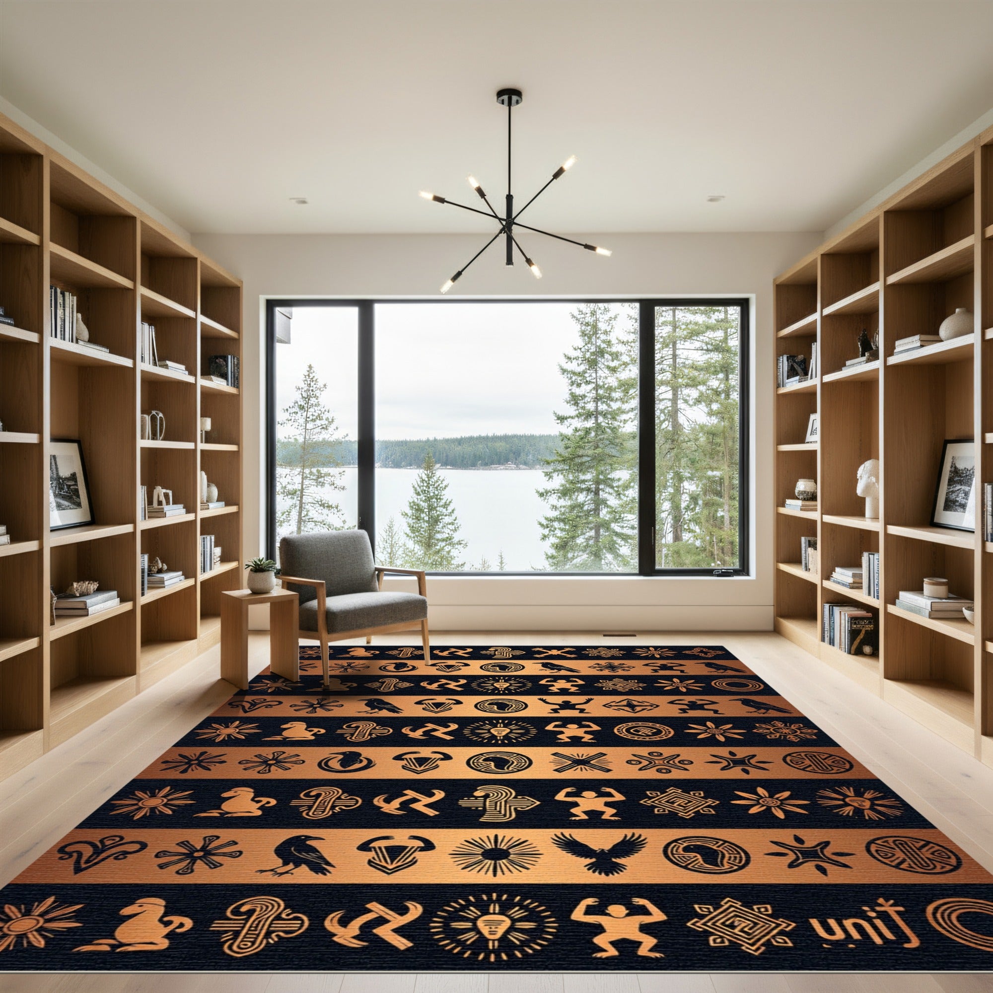 Ancient Metallic Sun Symbol Grid Rug