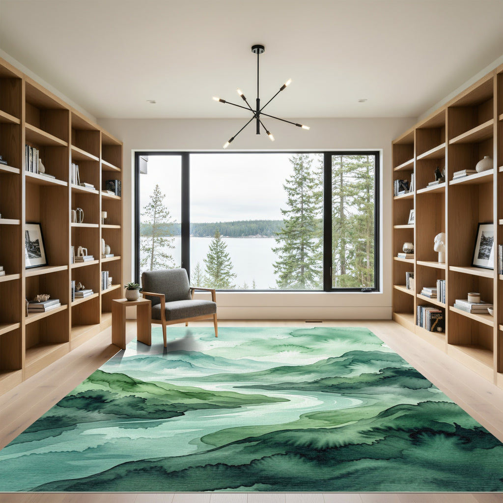 Serene Green Watercolor Mountain River Rug