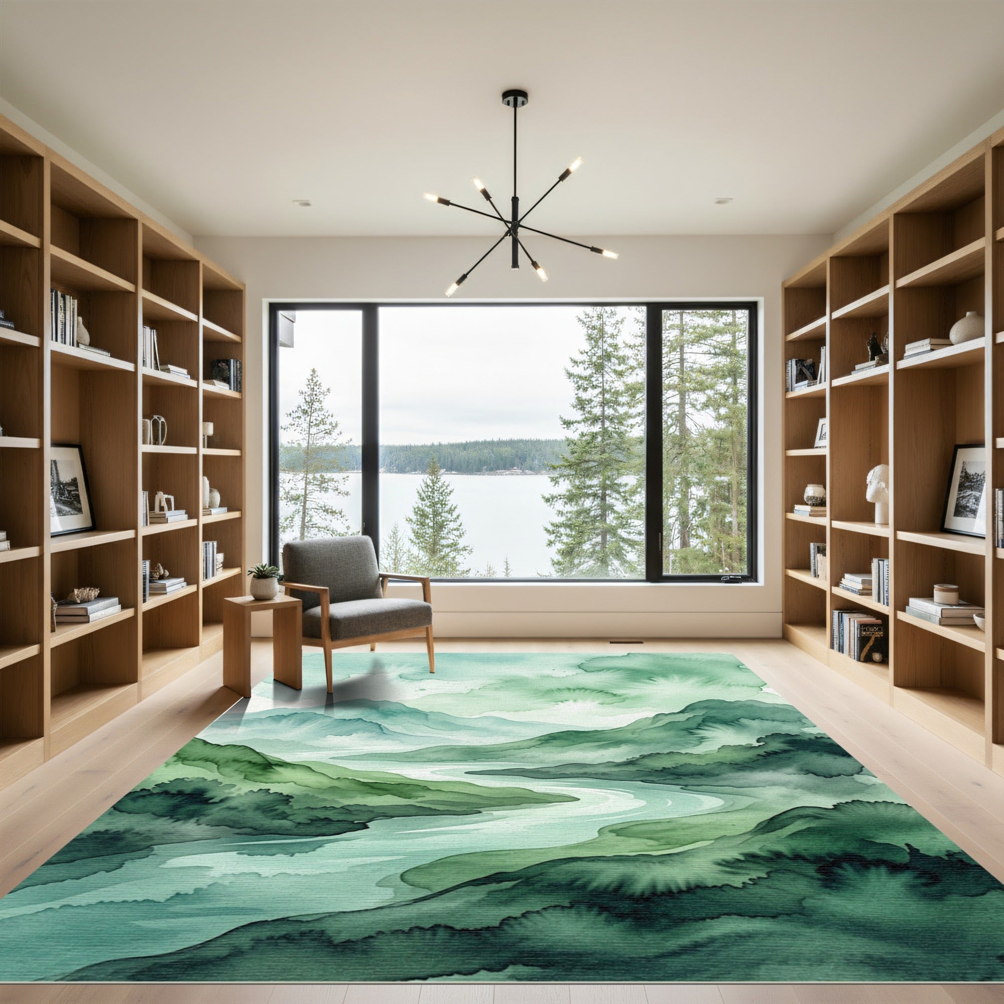Serene Green Watercolor Mountain River Rug
