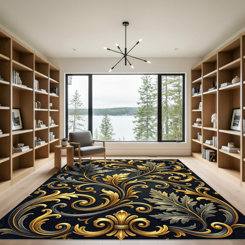 Black Gold Filigree Floral Leaf Swirls Rug