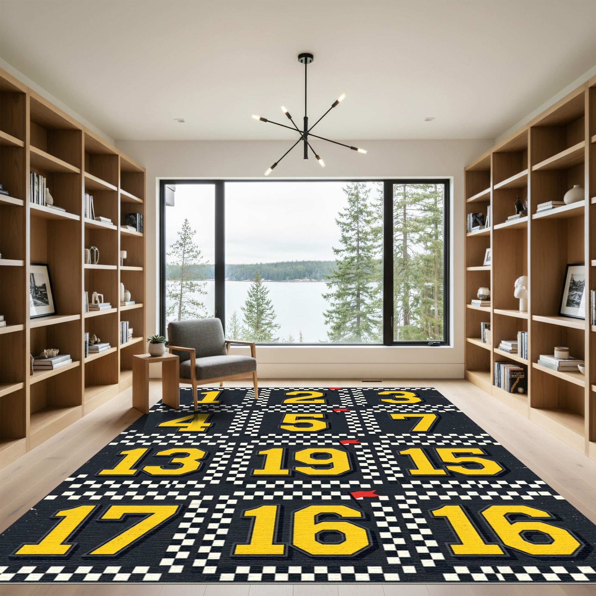 Yellow Racing Numbers Checkerboard Grid Rug