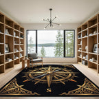Ornate Golden Compass Rose Black Rug