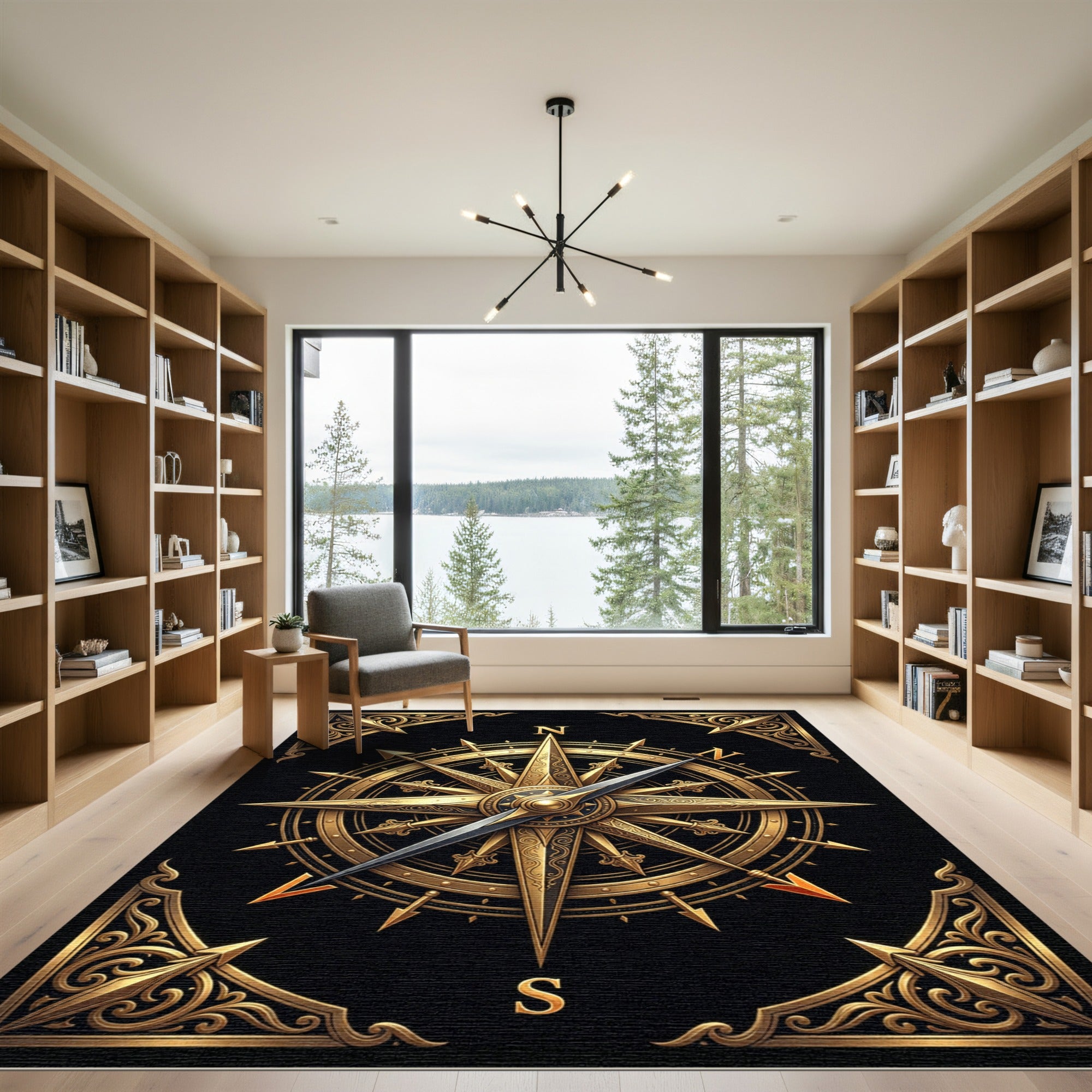 Ornate Golden Compass Rose Black Rug