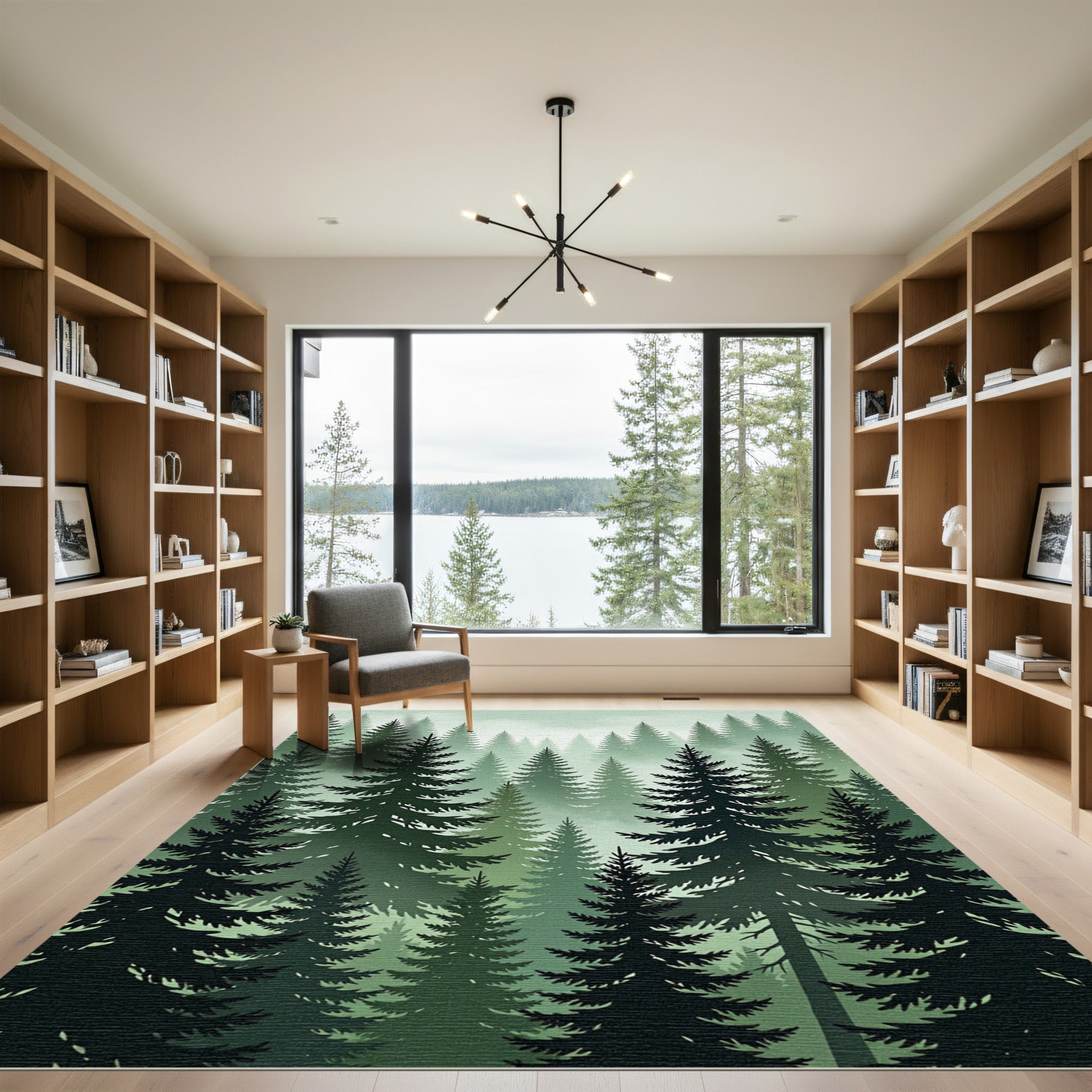 Deep Green Pine Forest Misty Scene Rug
