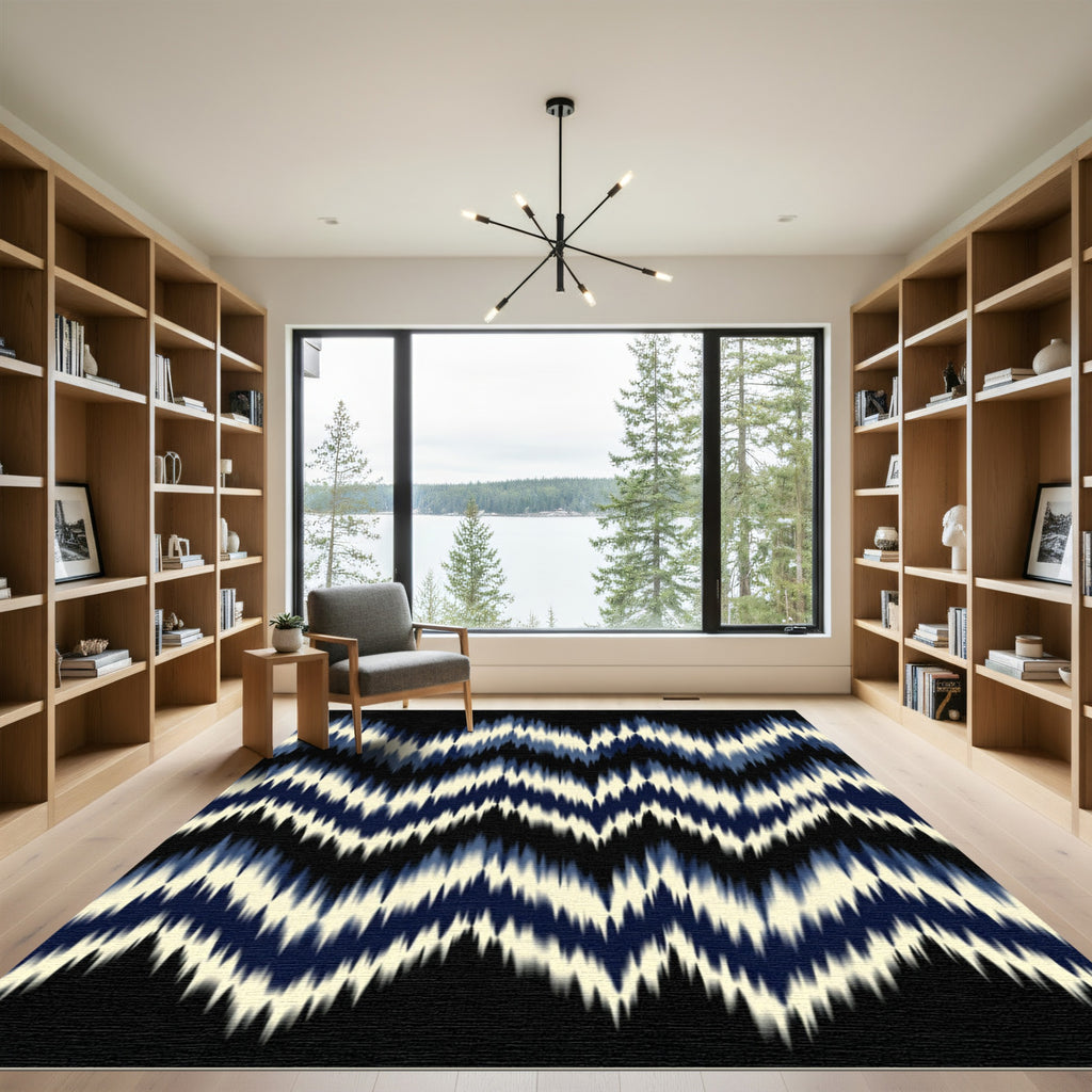 Indigo Cream Jagged Chevron Abstract Rug