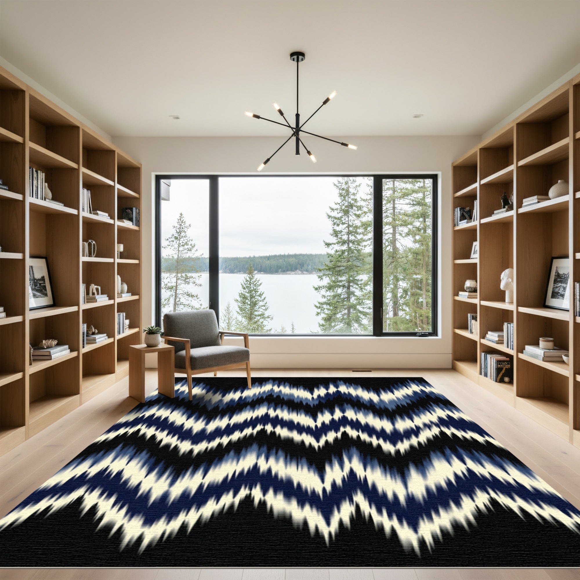 Indigo Cream Jagged Chevron Abstract Rug
