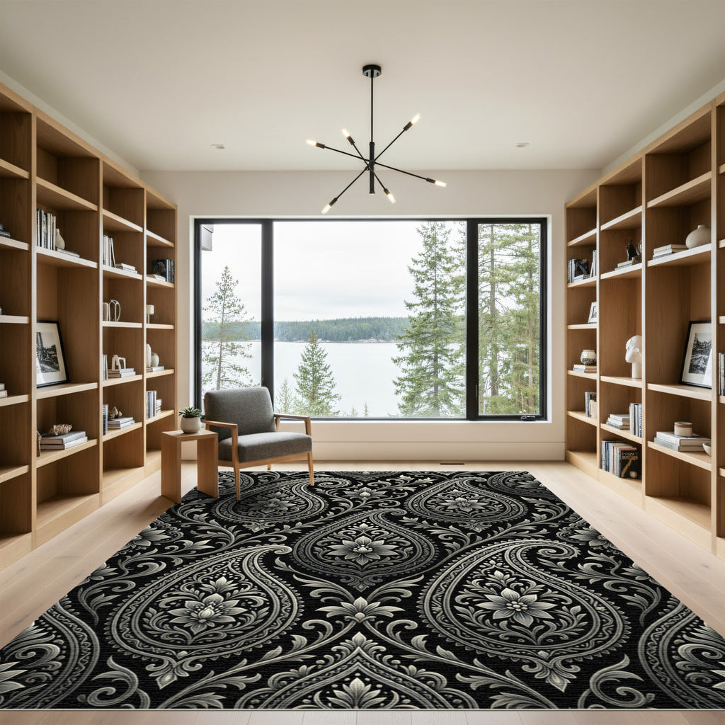 Classic Black White Paisley Floral Rug