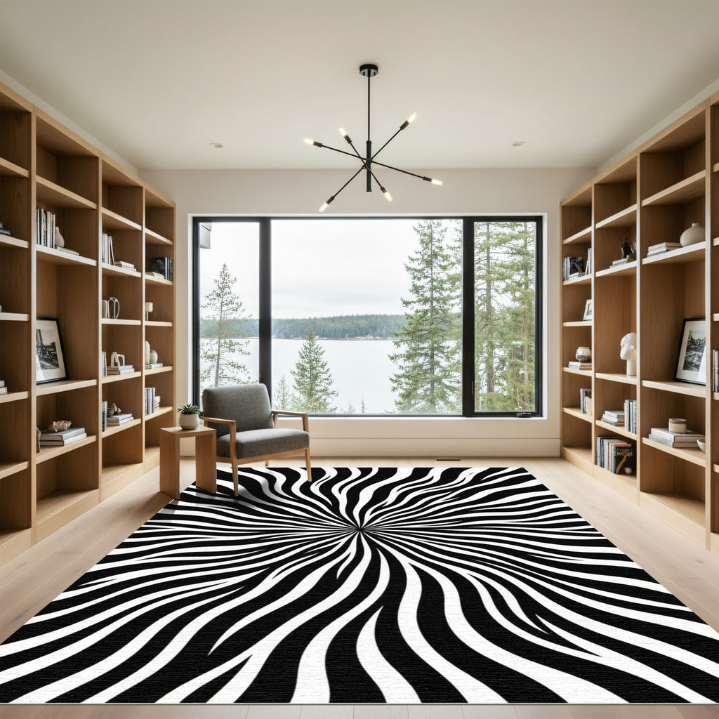 Bold Black and White Optical Wave Rug