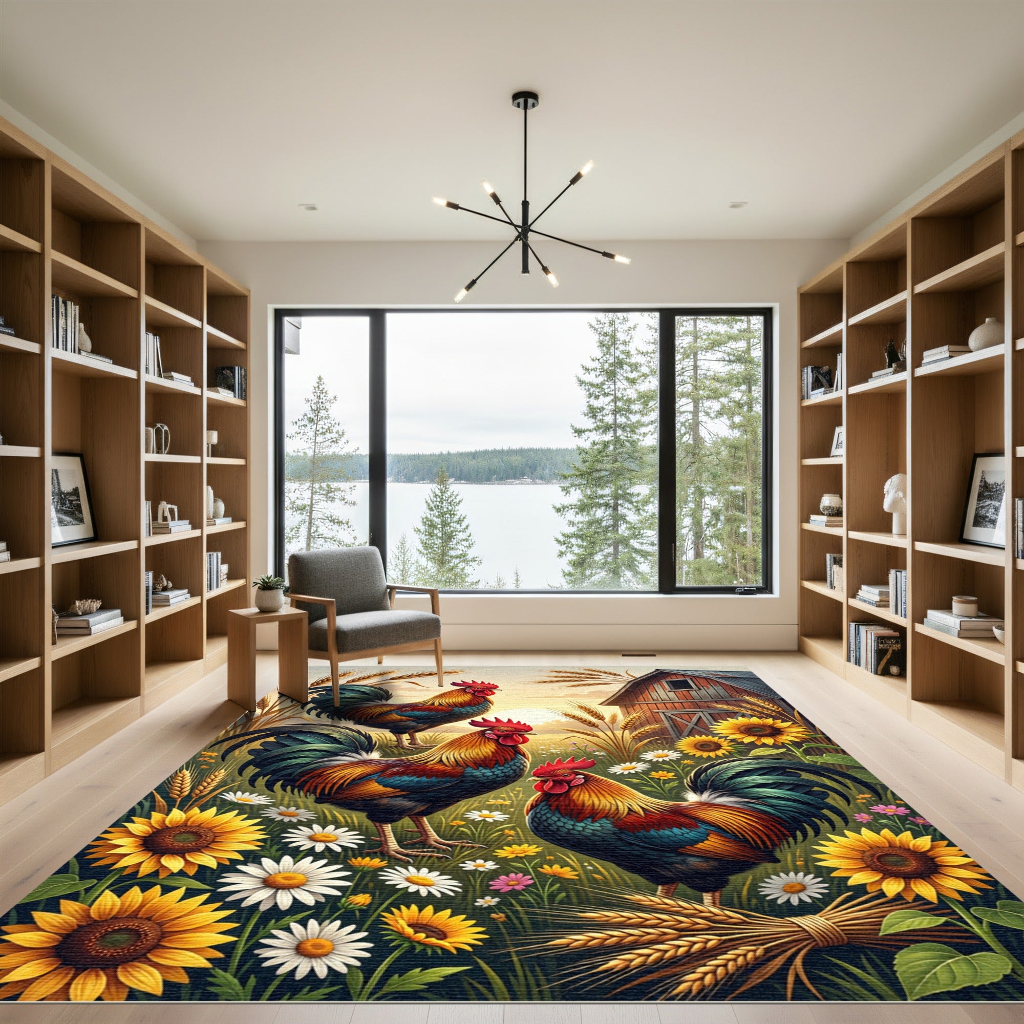 Vibrant Rooster Farmhouse Sunflower Meadow Rug