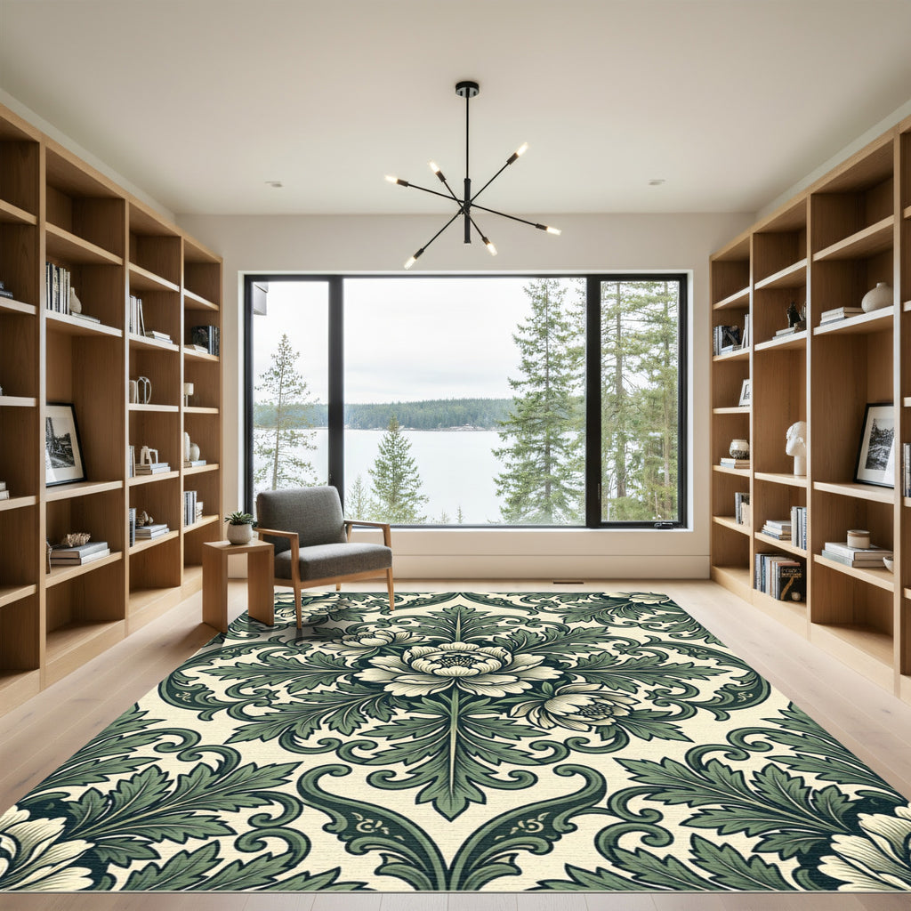 Sage Green Ornate Floral Damask Rug