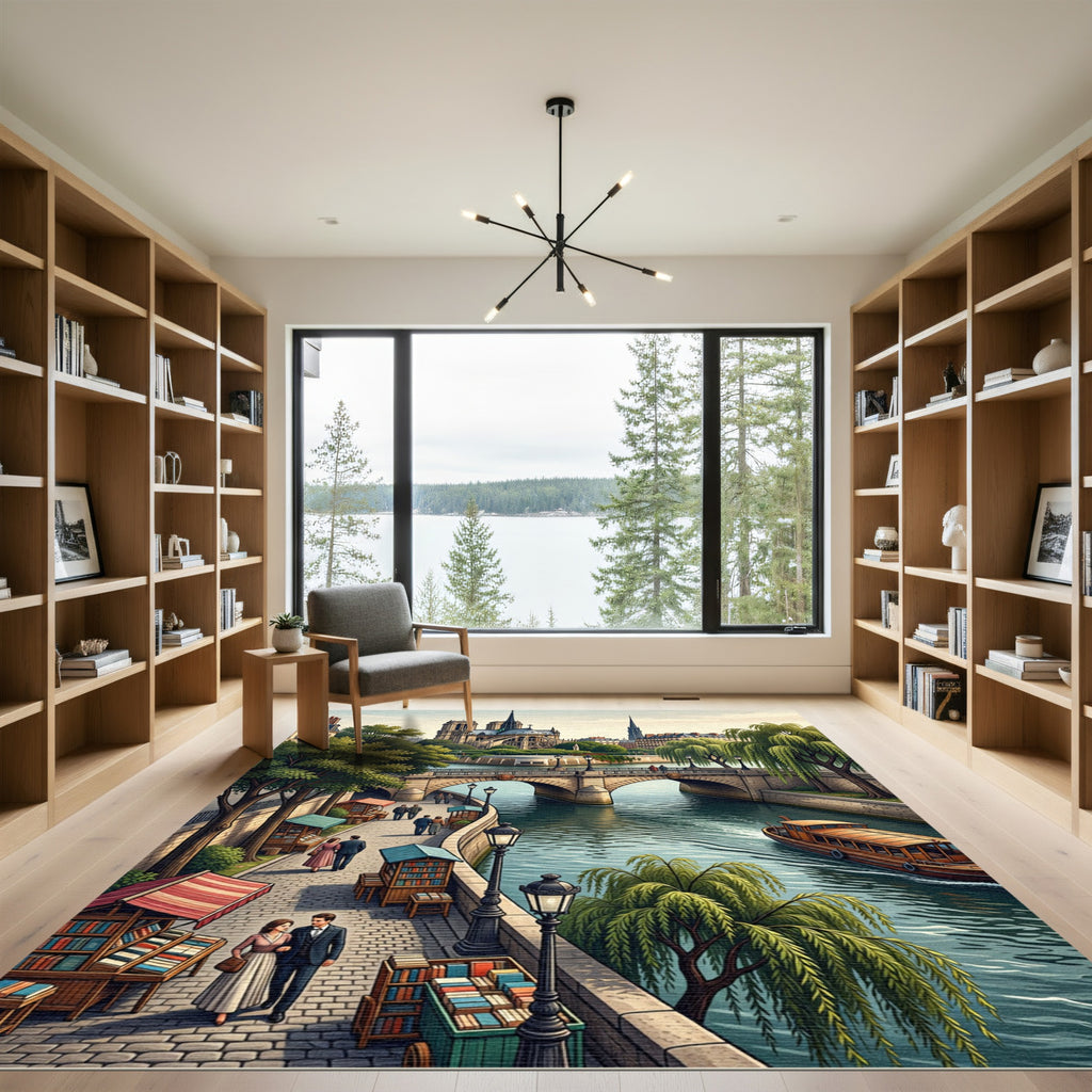 Parisian River Seine Bookstore Scene Rug