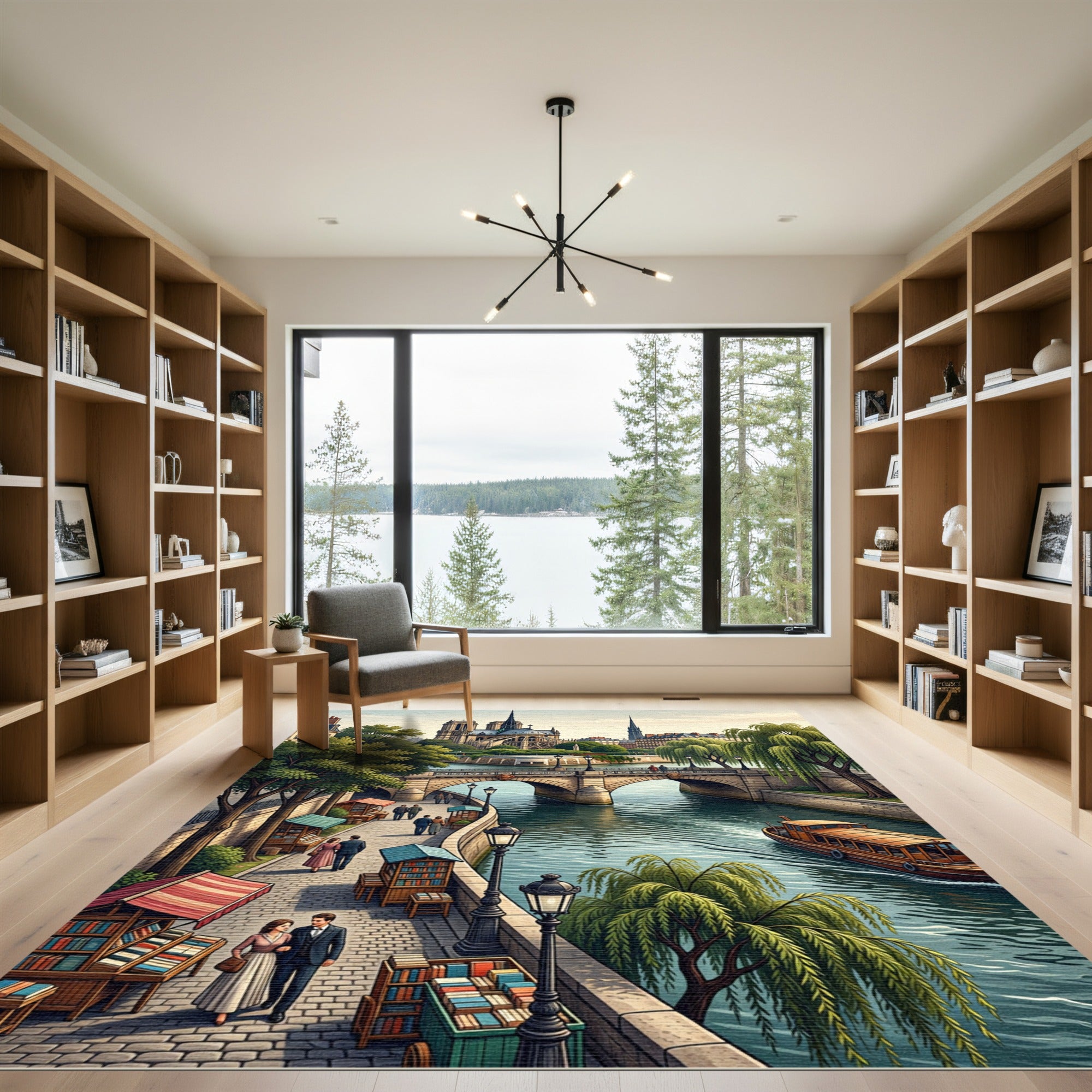 Parisian River Seine Bookstore Scene Rug