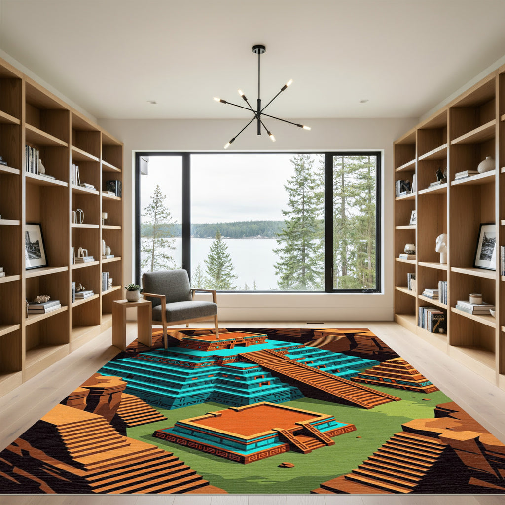 Teal Orange Stepped Ancient Temple Architecture Rug