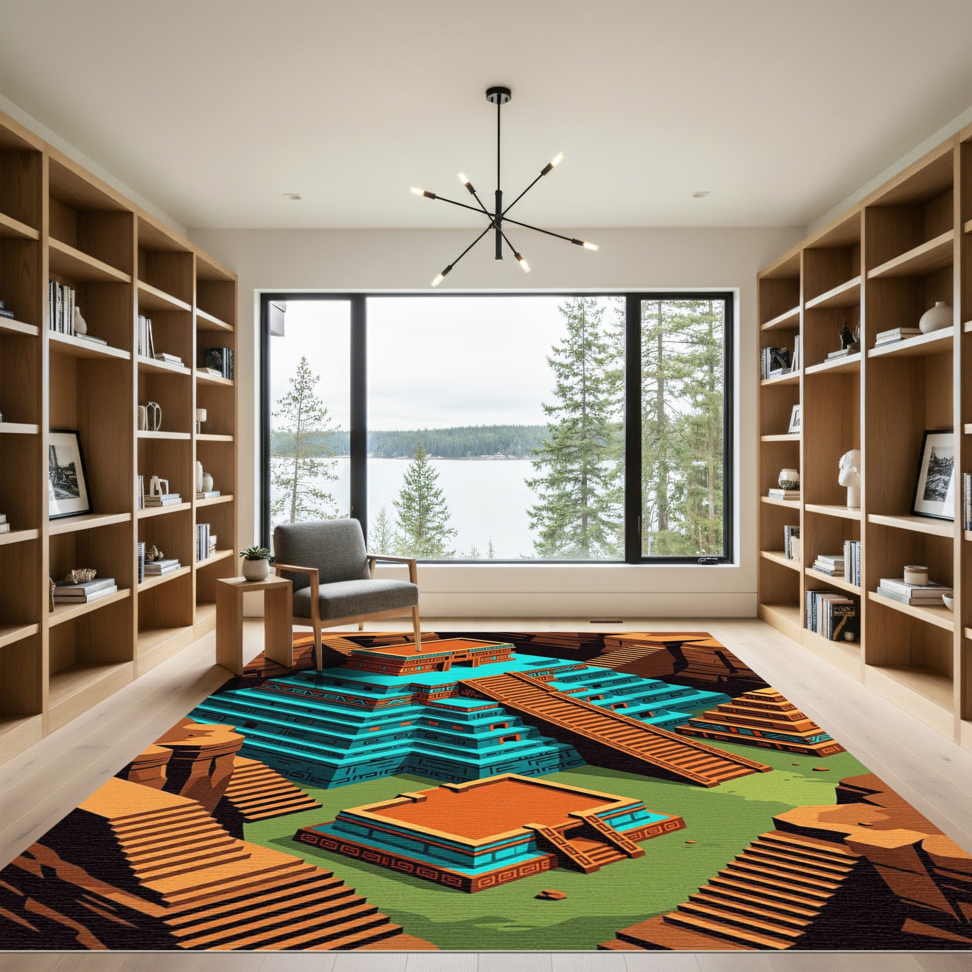 Teal Orange Stepped Ancient Temple Architecture Rug