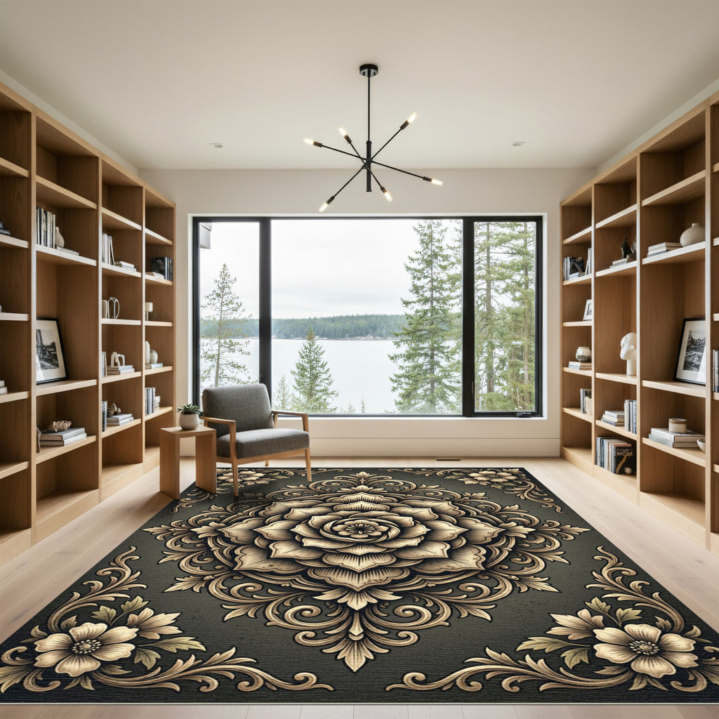 Ornate Golden Floral Medallion Scroll Rug