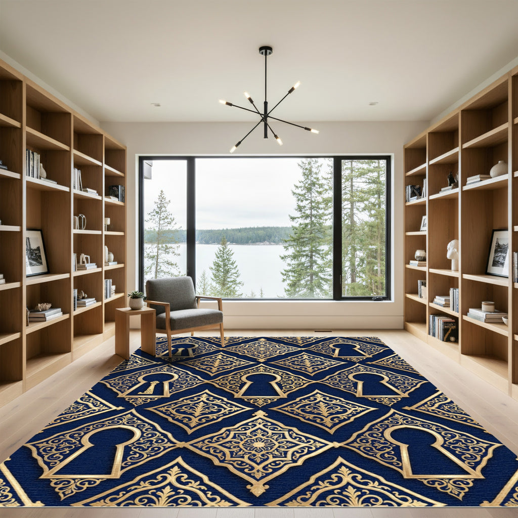 Royal Blue Gold Filigree Keyhole Interlock Rug
