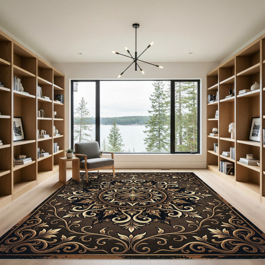Ornate Bronze Gold Filigree Medallion Rug
