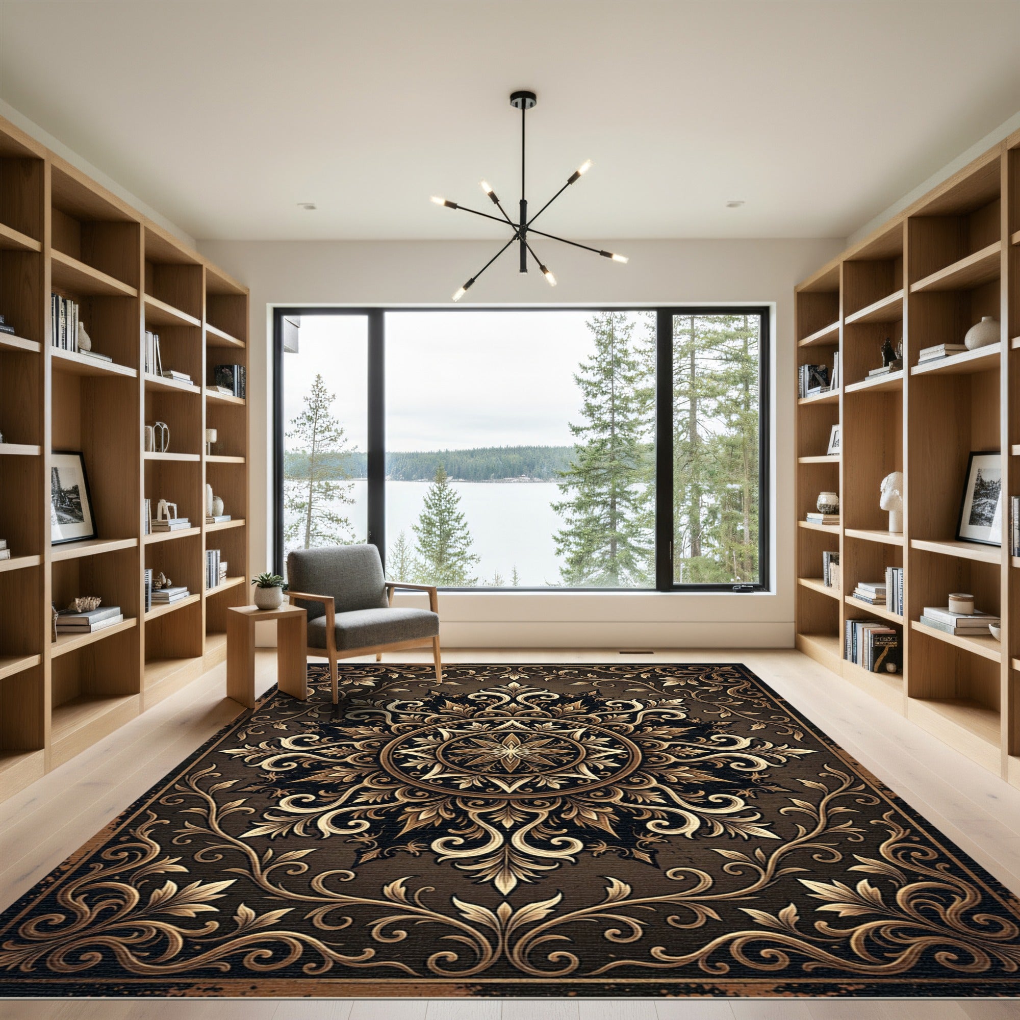 Ornate Bronze Gold Filigree Medallion Rug