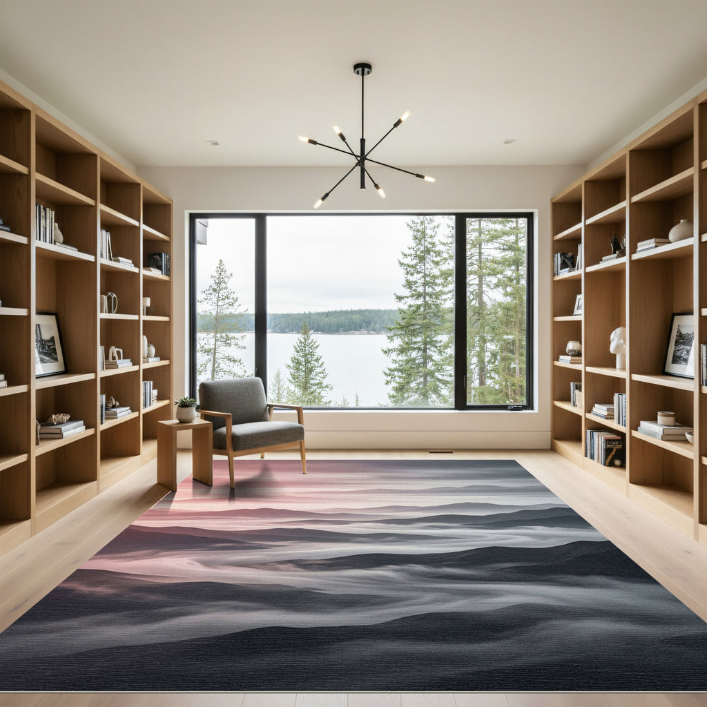 Misty Mountain Landscape with Soft Sunrise Hues Rug