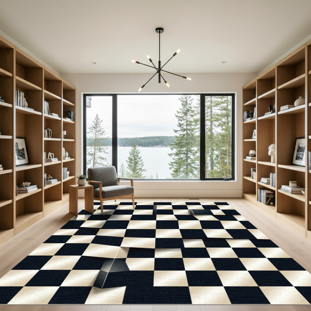 Black Gold 3D Chessboard Checkered Rug