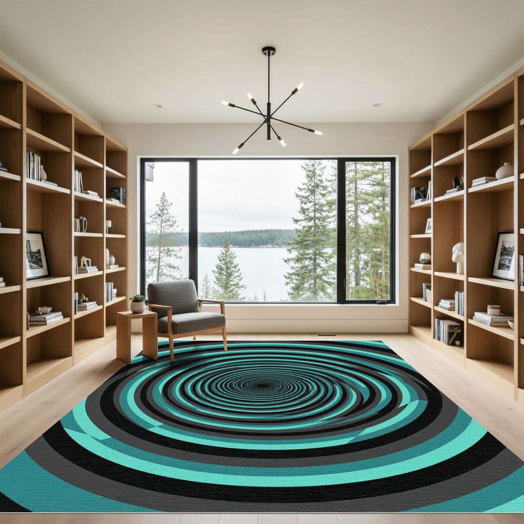 Modern Teal and Charcoal Vortex Swirl Rug