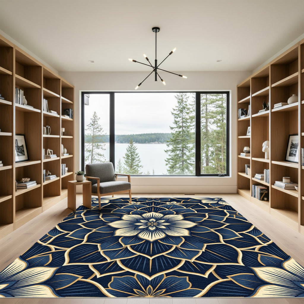 Navy Blue Golden Lotus Medallion Rug