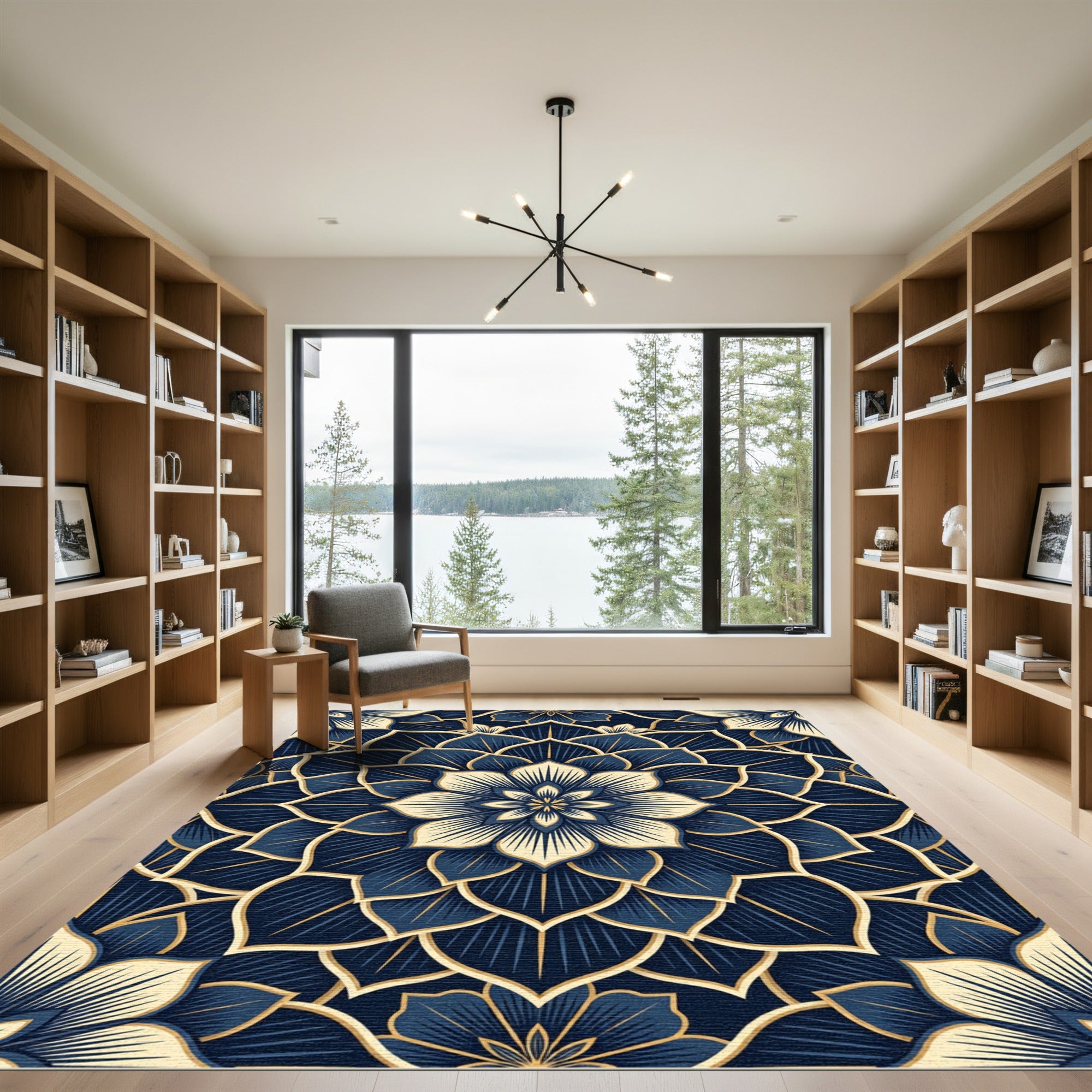 Navy Blue Golden Lotus Medallion Rug