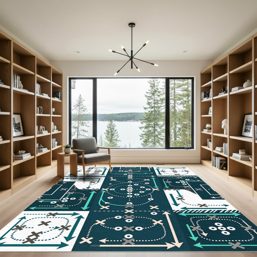 Modern Teal Navy Athletic Strategy Grid Rug