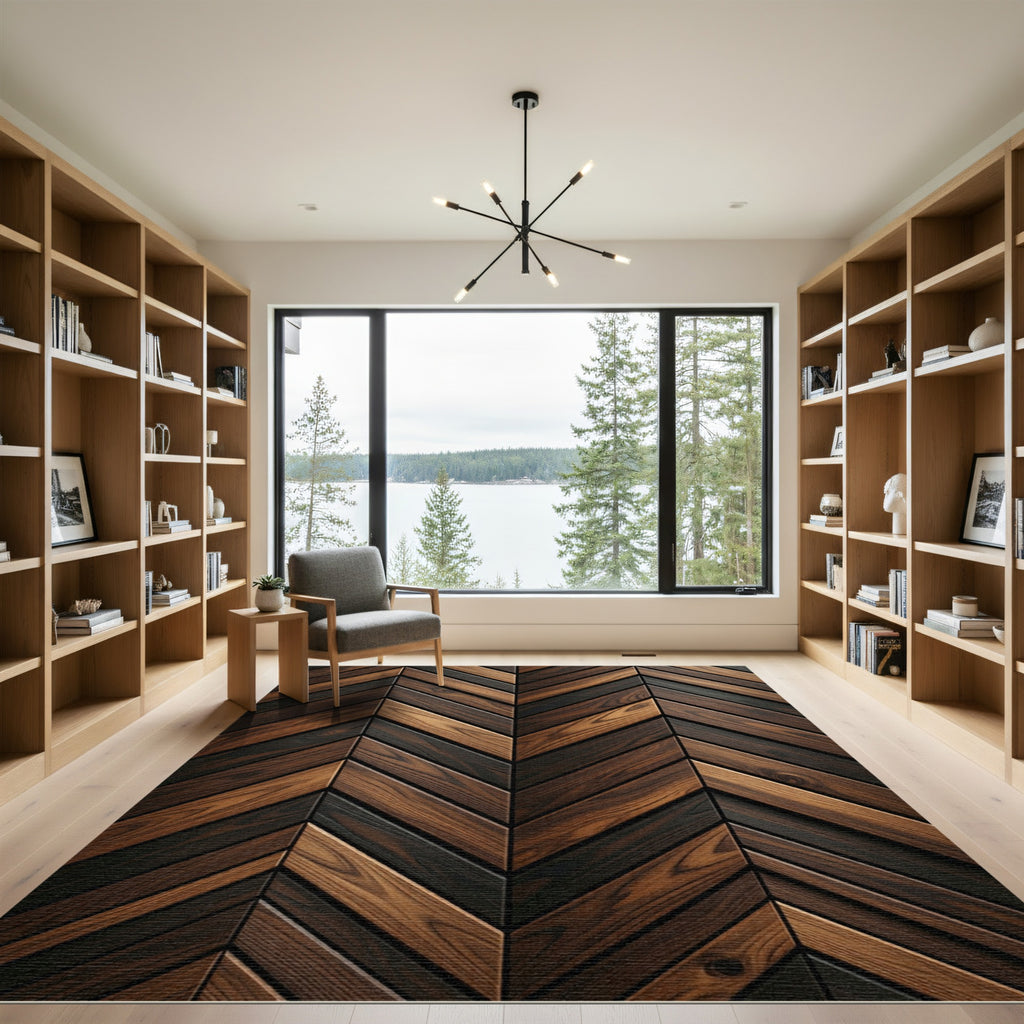 Rich Wood Grain Chevron Pattern Rug