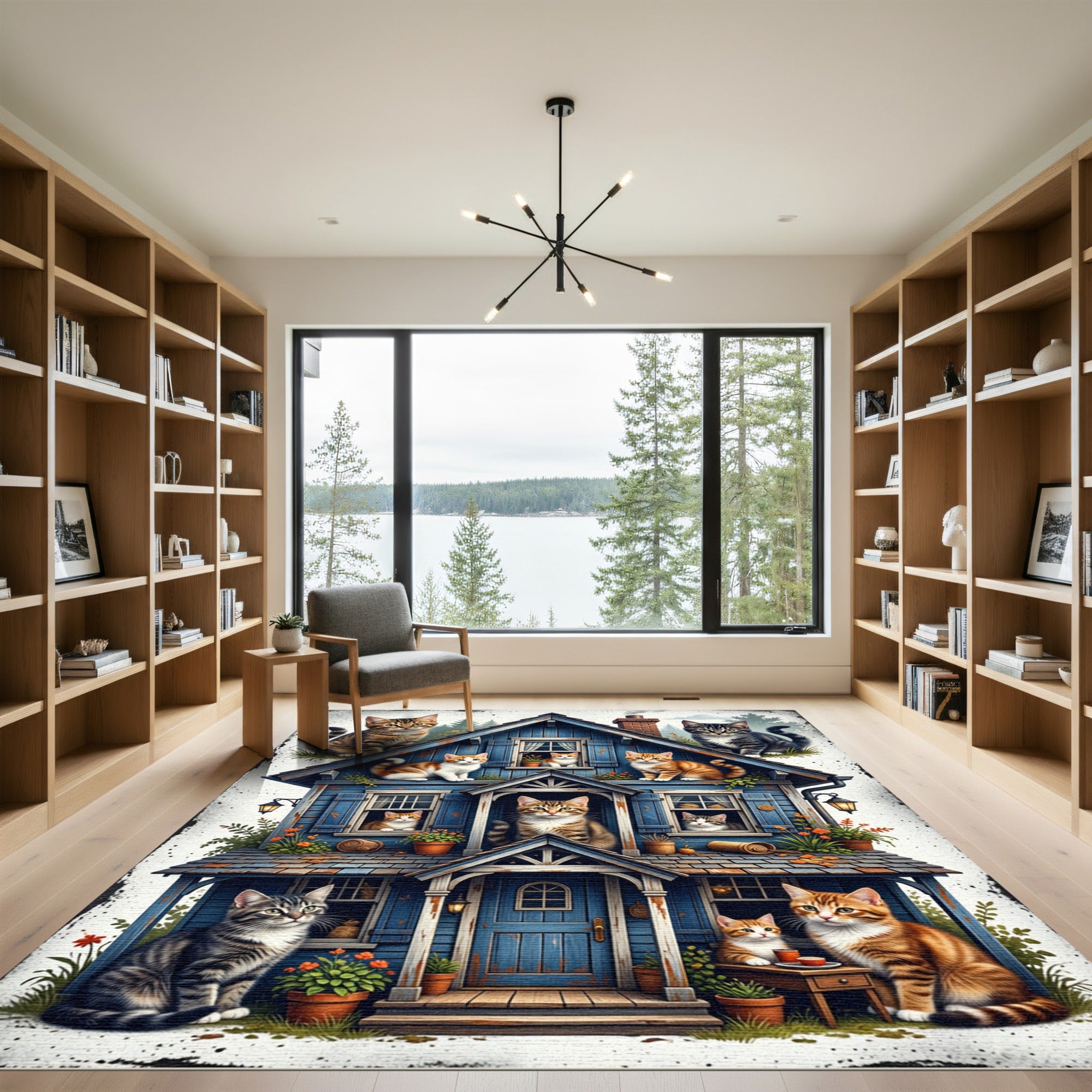 Whimsical Blue House with Cute Cats Rug