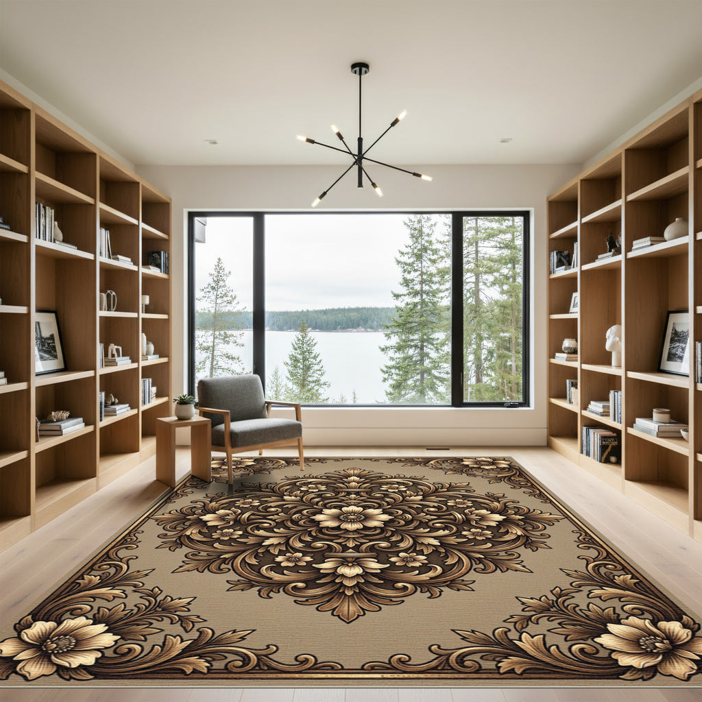 Ornate Gold Floral Scroll Pattern Rug