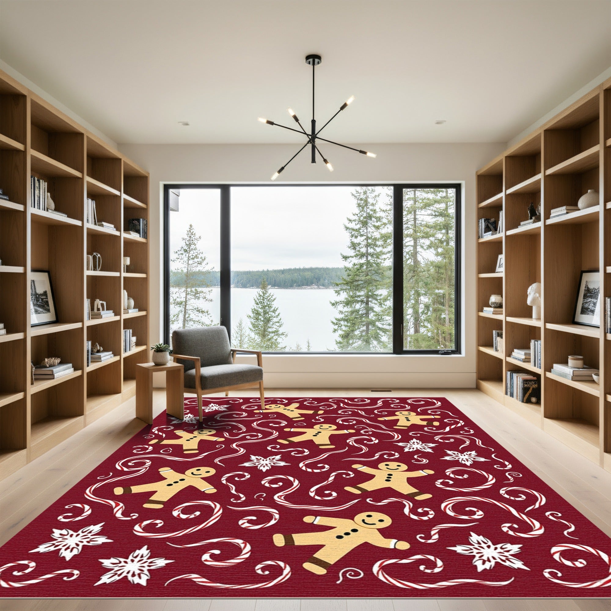 Red Gingerbread Candy Cane Snowflakes Rug