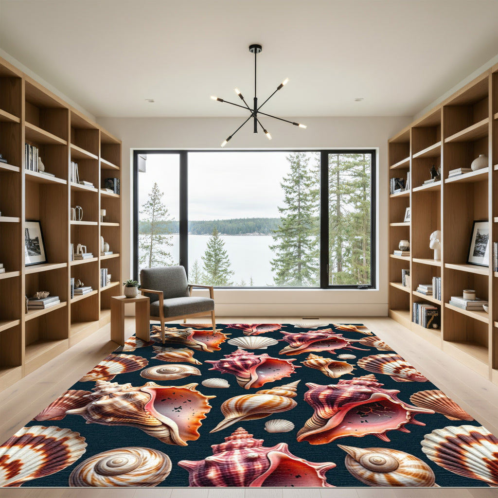 Coastal Seashells in Deep Marine Blue Rug