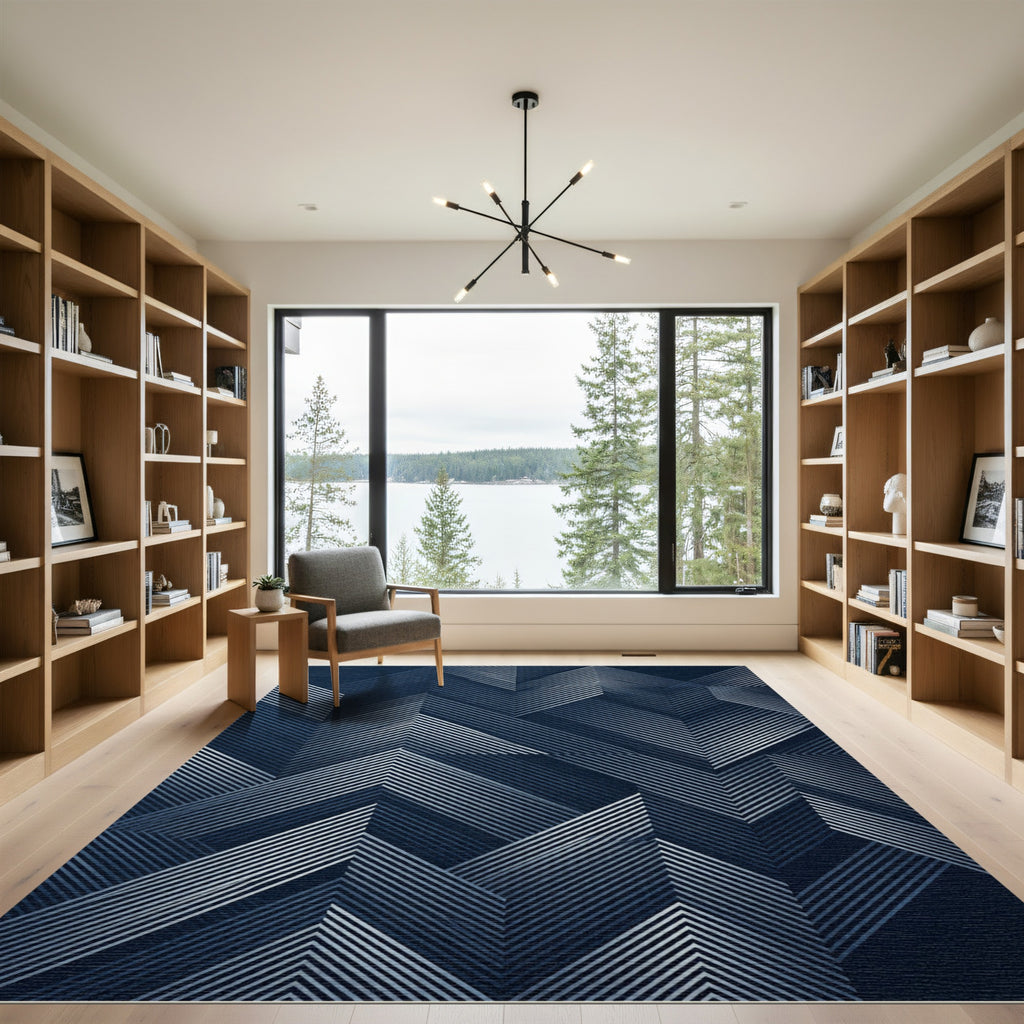 Modern Navy Geometric Angular Chevron Rug