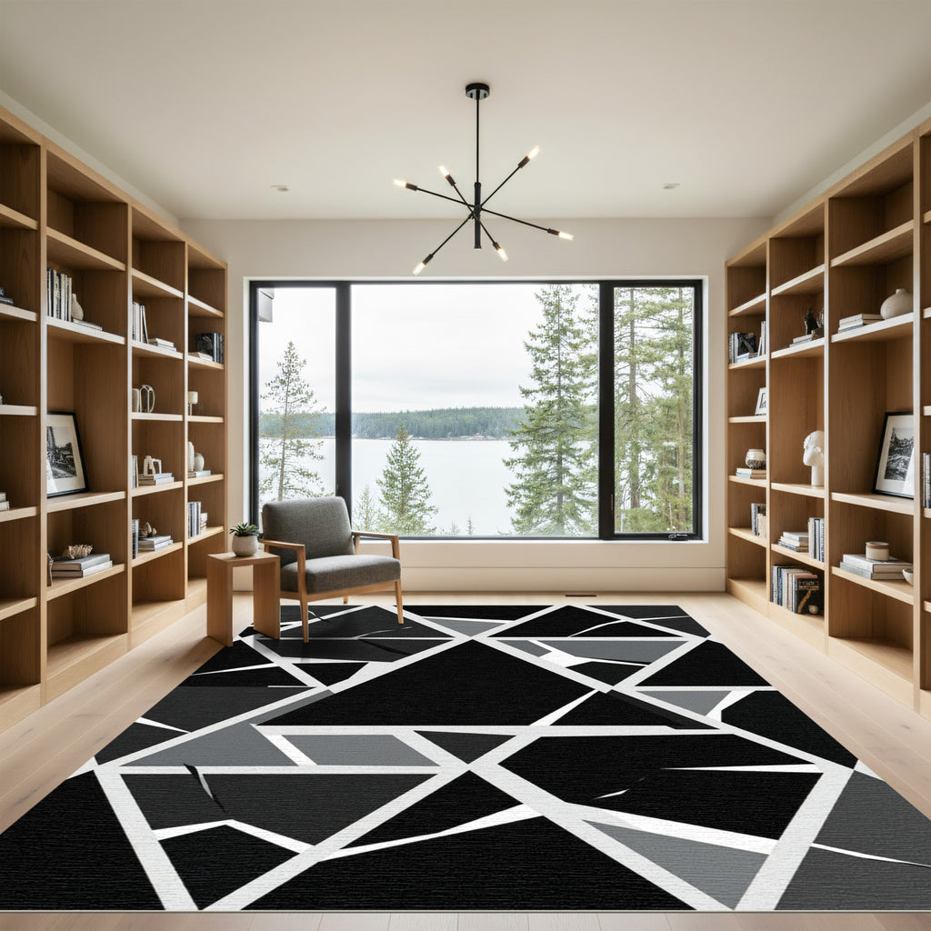 Monochrome Geometric Shattered Triangles Rug