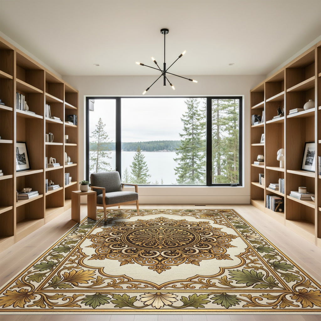 Golden Brown Floral Medallion Frame Rug