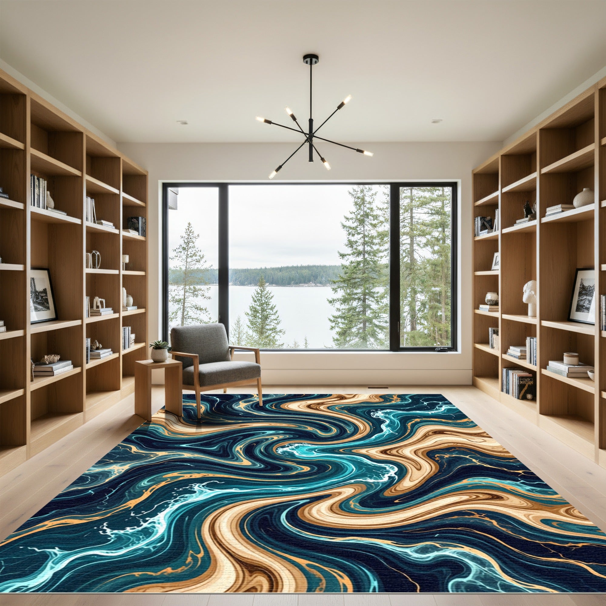Liquid Gold and Teal Swirls Rug
