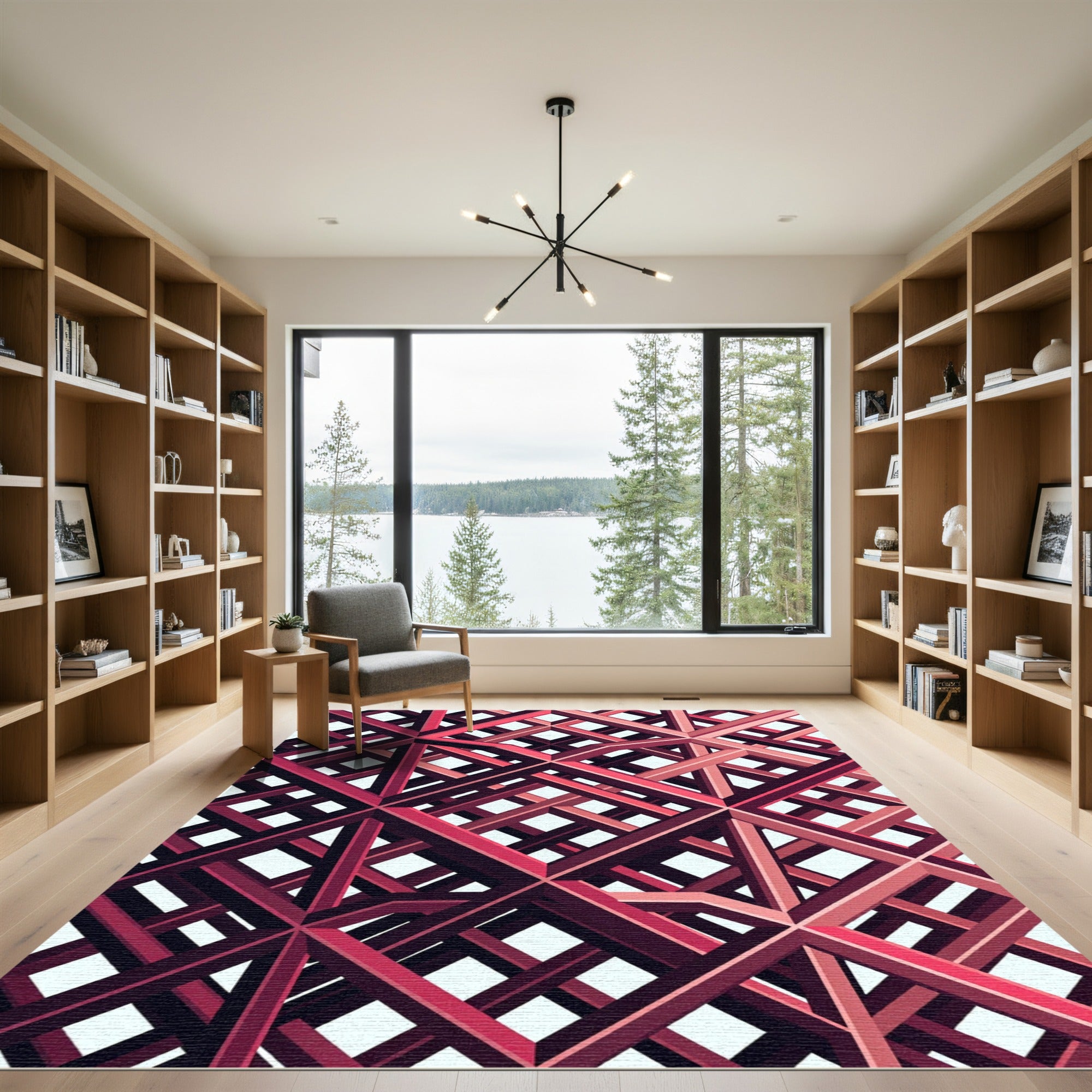 Crimson Lattice Interlocking Geometric Grid Rug