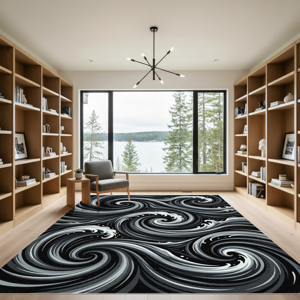 Monochromatic Swirling Ocean Waves Rug