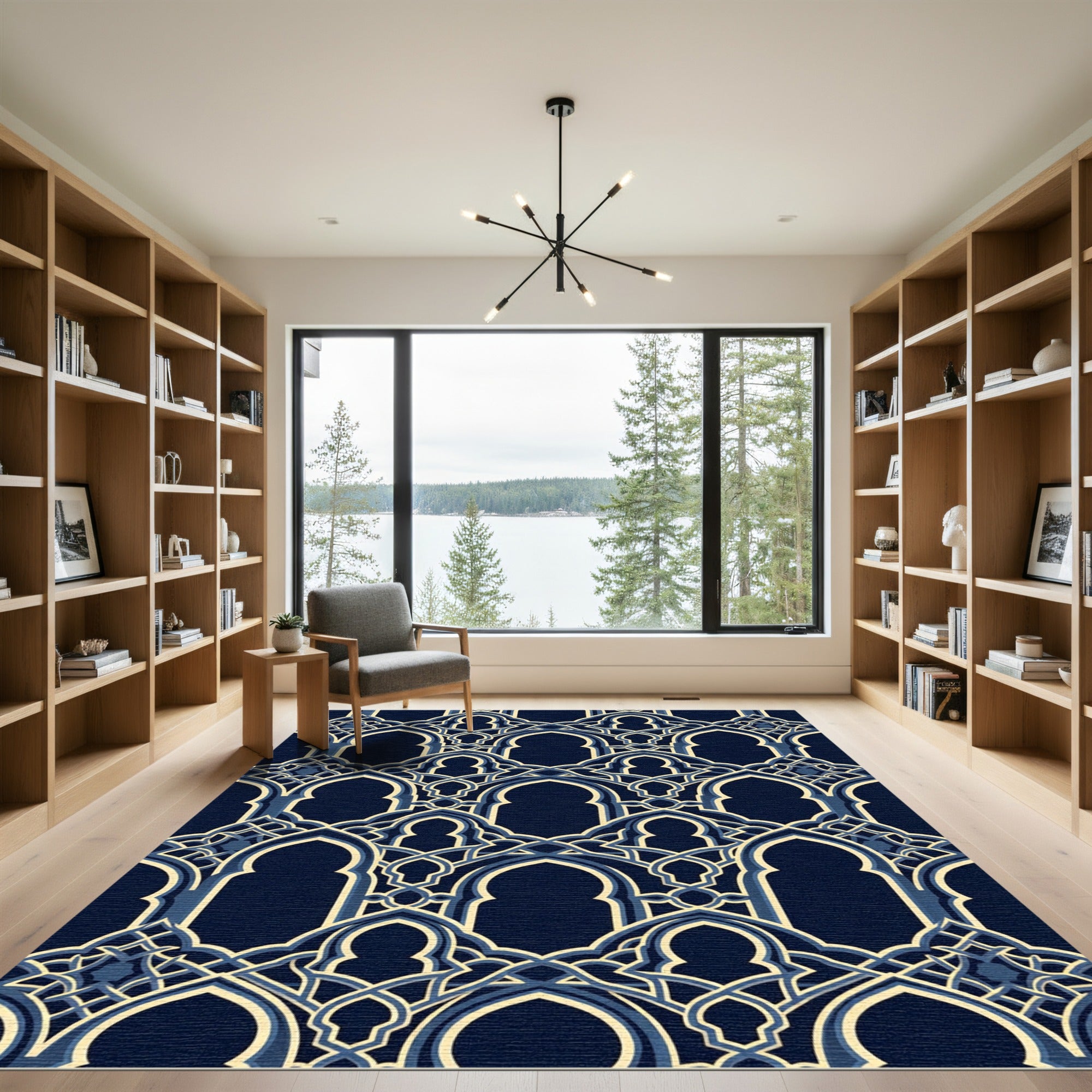 Elegant Navy Arched Geometric Filigree Rug