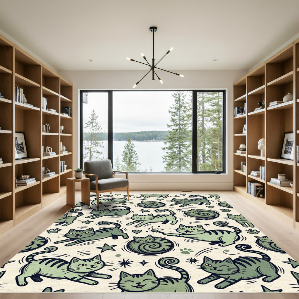 Whimsical Sage Green Cat Star Illustration Rug